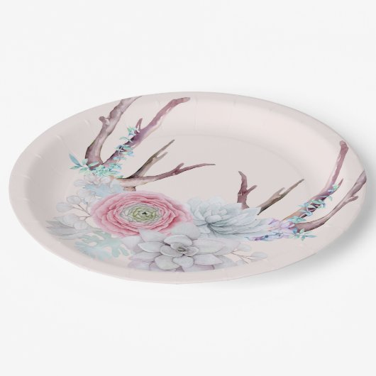 Rosa Rotwild-Geweih-Blumensucculent-Garten Pappteller (Schrägansicht)