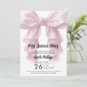 Rosa Ruffle Cascade Bow Elegantes Quinceñera Party Einladung (Stehend Vorderseite)
