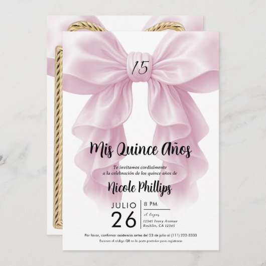 Rosa Ruffle Cascade Bow Elegantes Quinceñera Party Einladung (Vorne/Hinten)