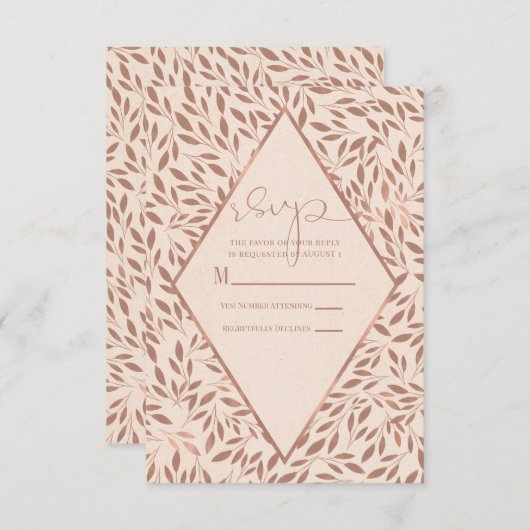 Rosa Rustikale Blätter Botanische Glam Chic Hochze RSVP Karte (Vorne/Hinten)