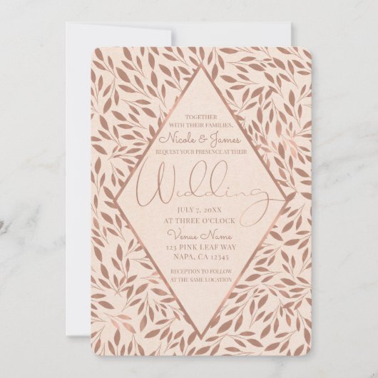 Rosa Rustikale Blätter Botanische Glam Hochzeit Einladung (Vorderseite)