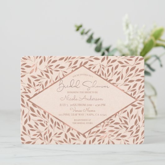 Rosa Rustikale Blätter Botanisches Glam Brautparty Einladung (Stehend Vorderseite)