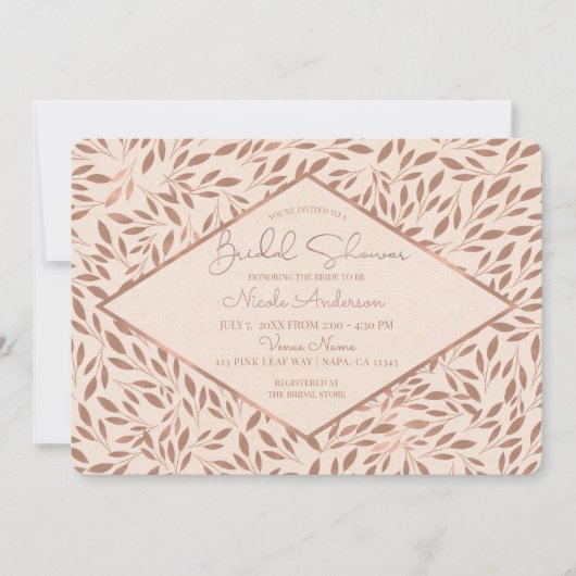Rosa Rustikale Blätter Botanisches Glam Brautparty Einladung (Vorderseite)