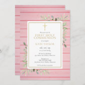 Rosa Rustikale Holzgrün Erste Heilige Kommunion Einladung (Vorne/Hinten)