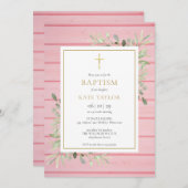 Rosa Rustikale Holzgrün Taufe Christening Einladung (Vorne/Hinten)