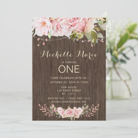 Rosa Rustikale Lichter Erster Geburtstag Einladung (Stehend Vorderseite)