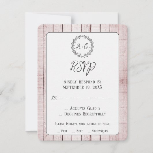 Rosa Rustikale Monogramm-Hochzeitkarte RSVP Karte (Vorderseite)