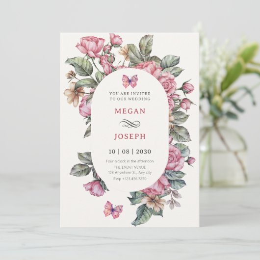 Rosa rustikale Rose Blumenhochzeit Einladung (Stehend Vorderseite)