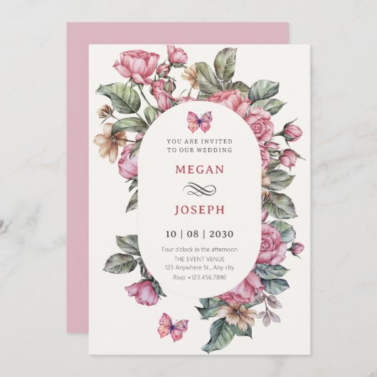 Rosa rustikale Rose Blumenhochzeit Einladung (Vorne/Hinten)