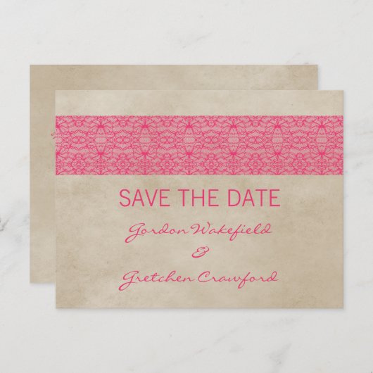 Rosa Rustikale Spitze Save the Date Postkarte (Vorne/Hinten)