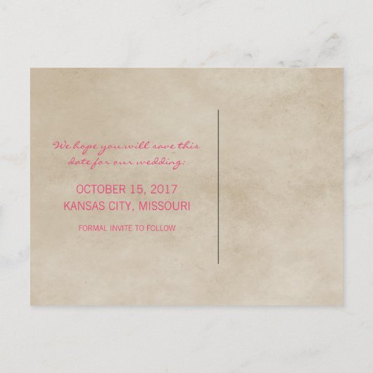 Rosa Rustikale Spitze Save the Date Postkarte (Rückseite)