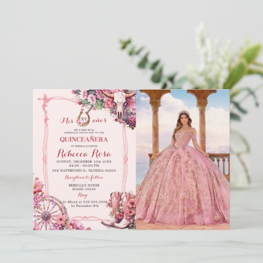 Rosa Rustikaler Western Charra Thema Quinceanera F Einladung (Stehend Vorderseite)