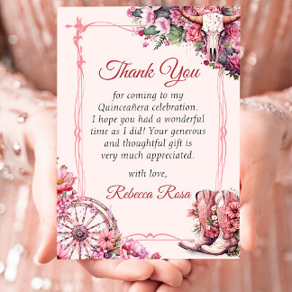Rosa Rustikaler Western Quinceanera Danke Karte