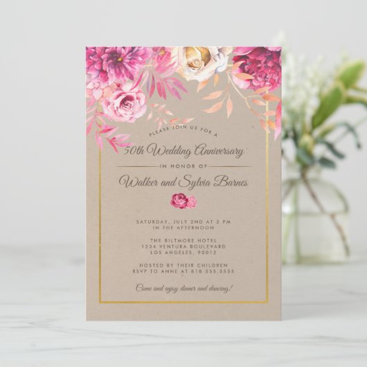 Rosa Rustikales 50. Hochzeitstag Einladung (Stehend Vorderseite)