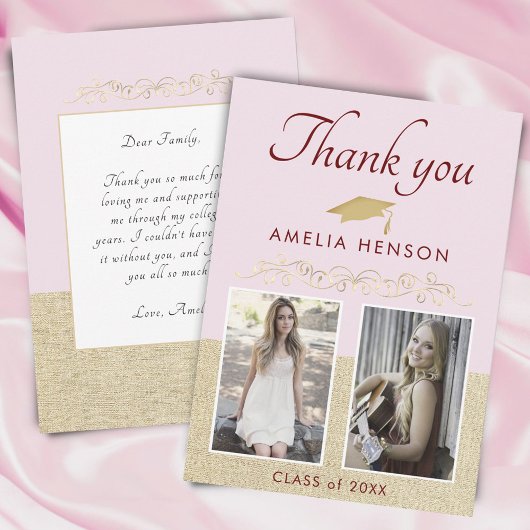 Rosa Rustikales Elegantes Ornament 2 Foto Abschlus Dankeskarte