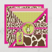 Rosa Safari-Dschungel-Affe-vierter Geburtstag Einladung (Vorne/Hinten)