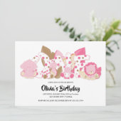 Rosa Safari Tiere 1. Geburtstag Party Einladung (Stehend Vorderseite)