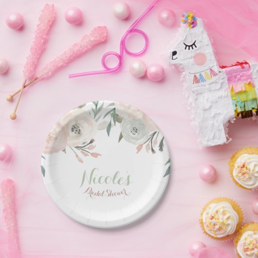 Rosa & Sage Mint Grün Moderne Blumen Elegantes Par Pappteller (Party)