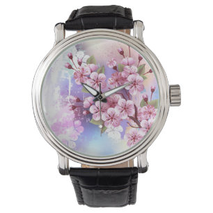 Rosa Sakura auf dem Hintergrund der Malerei Armbanduhr