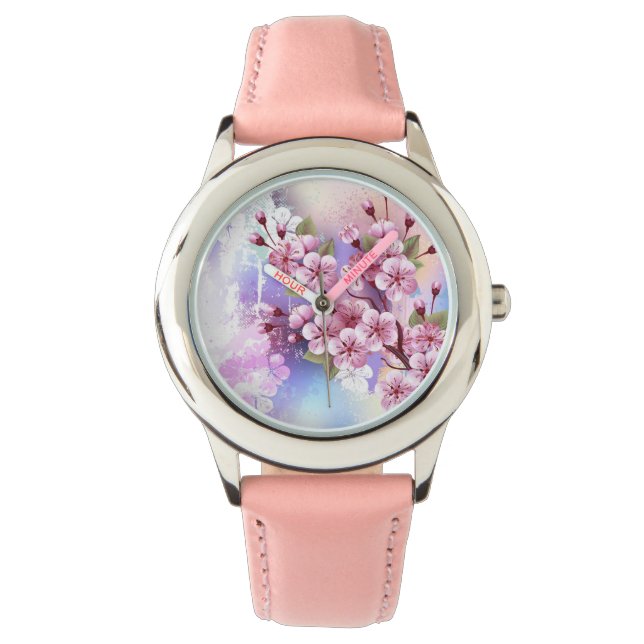 Rosa Sakura auf dem Hintergrund der Malerei Armbanduhr (Vorderseite)