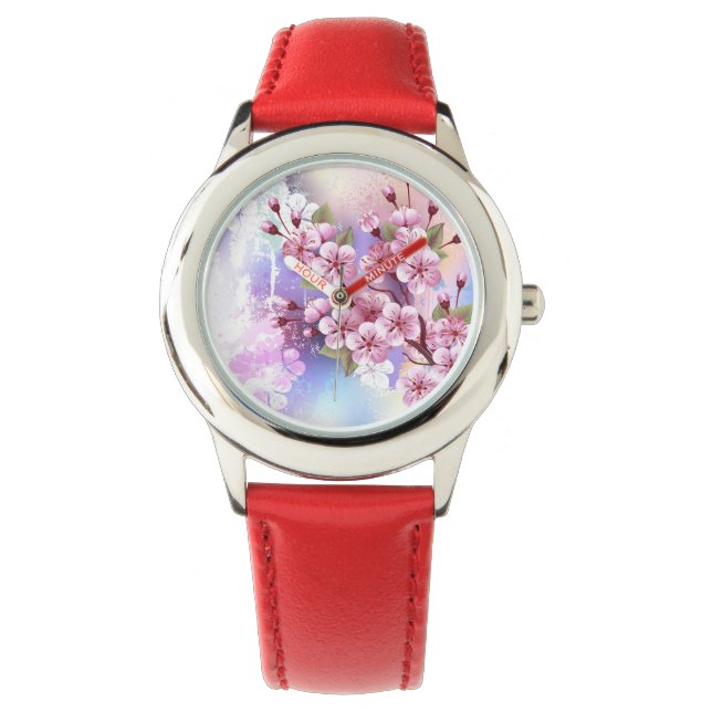 Rosa Sakura auf dem Hintergrund der Malerei Armbanduhr (Vorderseite)