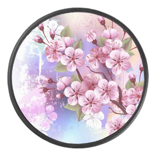 Rosa Sakura auf dem Hintergrund der Malerei Eishockey Puck (Vorderseite)