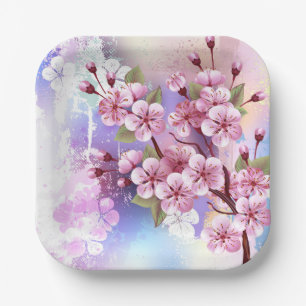 Rosa Sakura auf dem Hintergrund der Malerei Pappteller