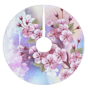 Rosa Sakura auf dem Hintergrund der Malerei Polyester Weihnachtsbaumdecke