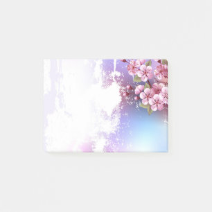 Rosa Sakura auf dem Hintergrund der Malerei Post-it Klebezettel