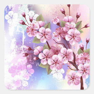 Rosa Sakura auf dem Hintergrund der Malerei Quadratischer Aufkleber