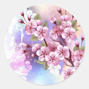 Rosa Sakura auf dem Hintergrund der Malerei Runder Aufkleber