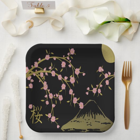 Rosa Sakura Gold Schwarz Japanischer Bildschirm Pappteller (Hochzeit)