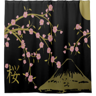 Rosa Sakura Gold Schwarzer Japanischer Bildschirm Duschvorhang