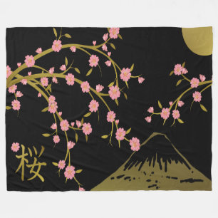 Rosa Sakura Gold Schwarzer Japanischer Bildschirm Fleecedecke