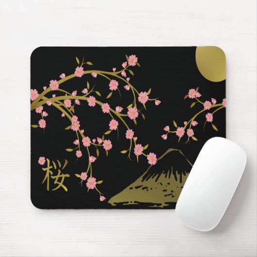 Rosa Sakura Gold Schwarzer Japanischer Bildschirm Mousepad (Mit Mouse)