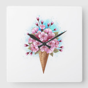 Rosa Sakura Ice Waffel Quadratische Wanduhr