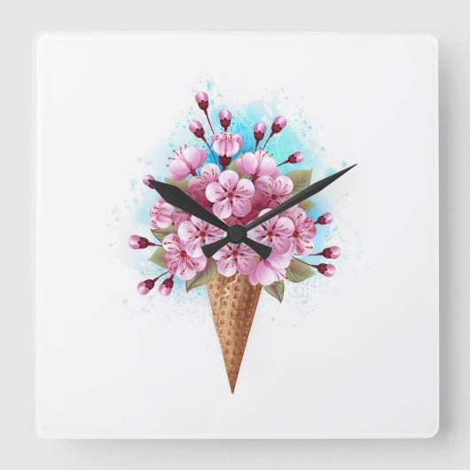Rosa Sakura Ice Waffel Quadratische Wanduhr (Vorderseite)