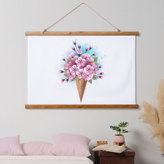 Rosa Sakura Ice Waffel Wandteppich Mit Holzrahmen (Schlafzimmer)