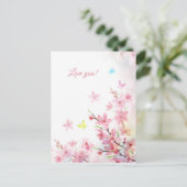 Rosa Sakura-Schmetterlinge Wasserfarbe Lieb dich Postkarte (Stehend Vorderseite)