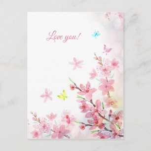 Rosa Sakura-Schmetterlinge Wasserfarbe Lieb dich Postkarte