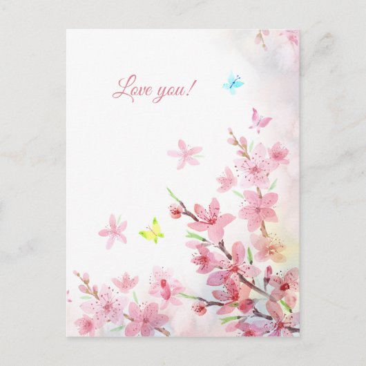 Rosa Sakura-Schmetterlinge Wasserfarbe Lieb dich Postkarte (Vorderseite)