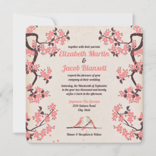 Rosa Sakura und liebende Vögel Hochzeit Einladung