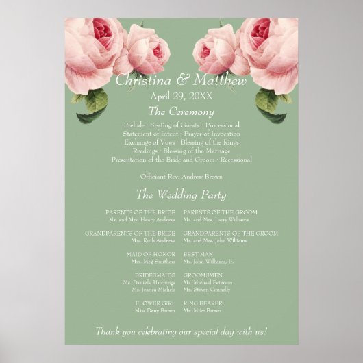 Rosa-Salbei Hochzeitsfeier Programm Poster (Vorne)