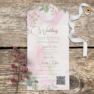 Rosa & Salbeigrün Aquarell Boho Floral QR-Code All In One Einladung