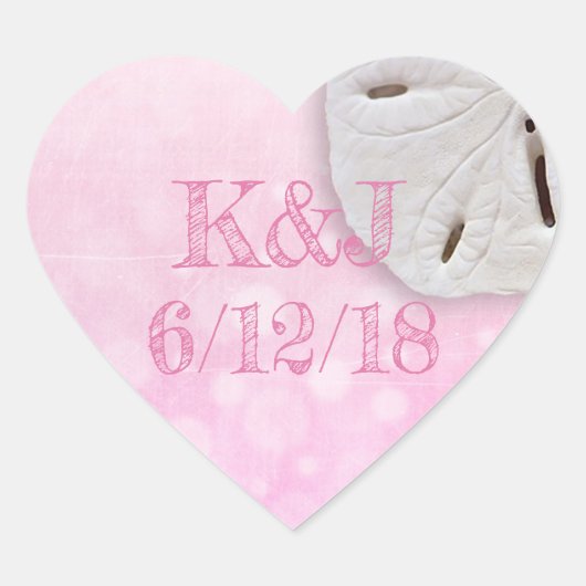 Rosa Sand-Dollar-Hochzeitsticker am Meer Herz-Aufkleber (Vorderseite)