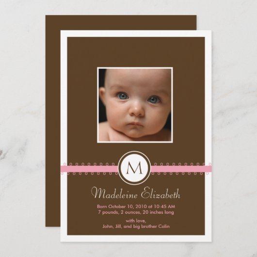 Rosa Satin-Band mit Monogram-Geburtshinweis Ankündigung (Vorne/Hinten)