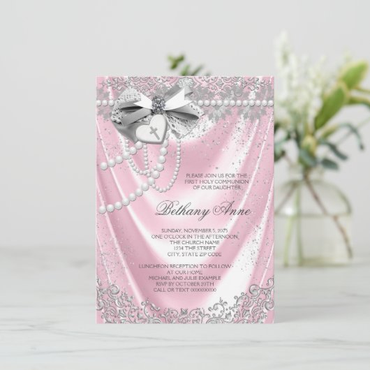 Rosa Satin erste Kommune Einladung (Stehend Vorderseite)