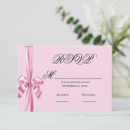 Rosa Satin Ribbon Simple Wedding RSVP (Stehend Vorderseite)