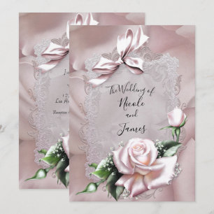 Rosa Satin-Schleife & Rose Romantische Hochzeit Einladung