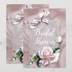 Rosa Satin-Schleife und Rose Romantische Bridal Sh Einladung